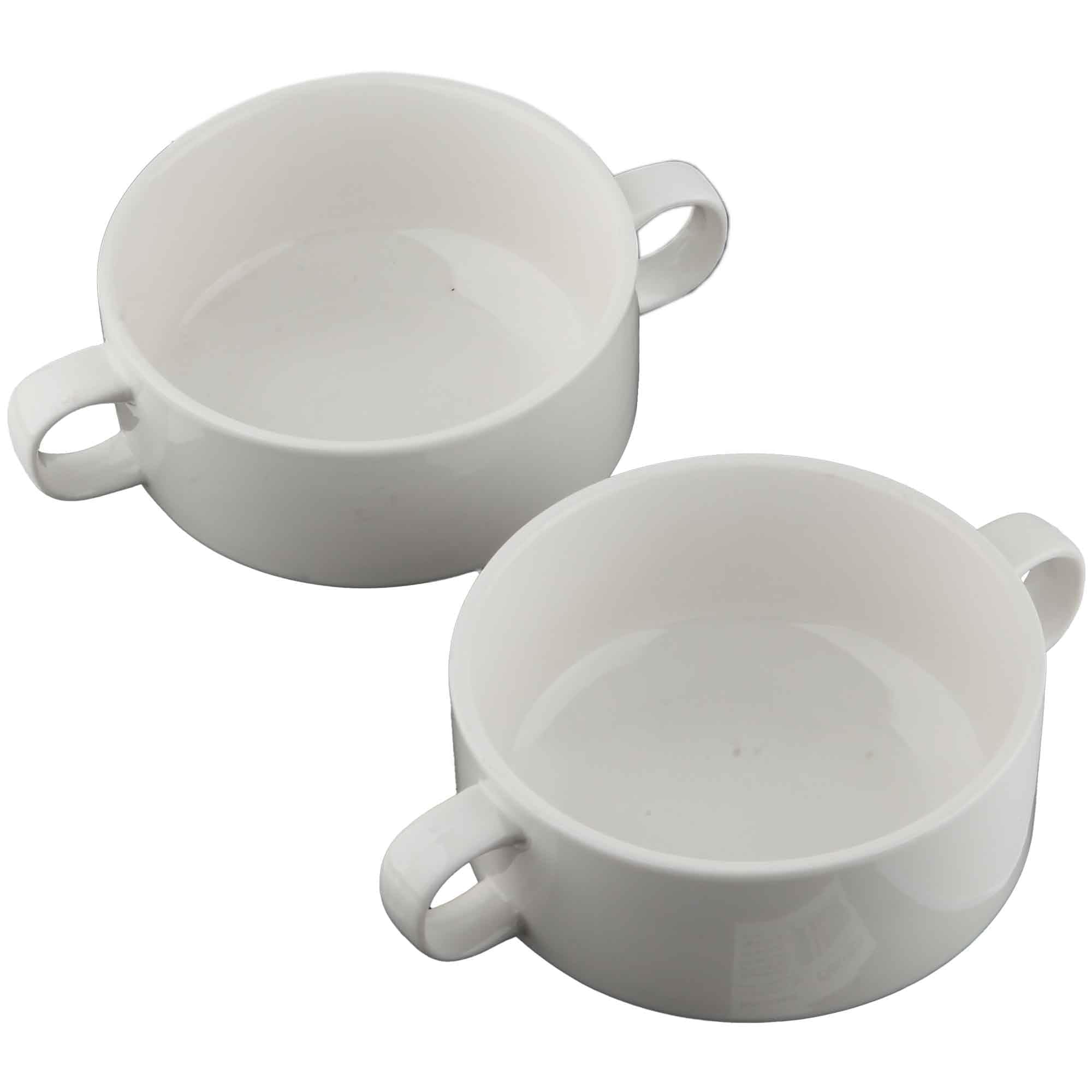 AiXception Ceramic French Onion Soup Bowls with Handles, Crocks Oven & Microwave Dishwasher Safe, Porcelain Stackable, 380ml, Set of 2, White