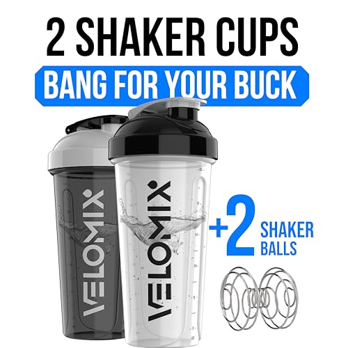 Image of VELOMIX -2 Pack- 28 oz Protein Shaker Bottles for Protein Mixes - 2x Wire Whisk | Leak Proof Shaker Cups for Protein Shakes | Protein Shaker Bottle Pack (Black /White)