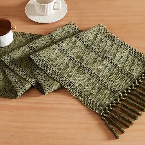 Image of ZeeMart Macrame Style Boho Table Runner, 12x72 Inch Moss | Woven Boho Table Runner with Handmade Tassels, Crochet Hollow Table Scarf, Farmhouse Kitchen Home Decor Dresser Runner