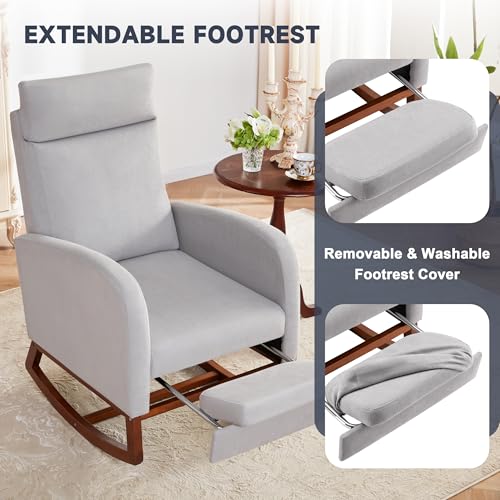 Image of Rocking Chair Nursery High Back Rest Glider Rocker with Footrest Nursing Rocking Chairs Upholstered Accent Arm Chair for Living Room Bedroom Indoor, Light Gray