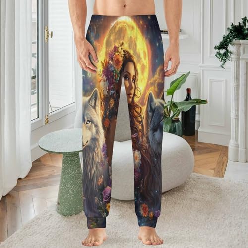 Woman With Wolf Men's Pajamas Pants Lightweight Sleep Lounge Pant Pjs Bottoms Casual Sleepwear2