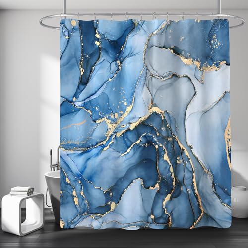 BayNook Blue Marble Shower Curtain, Modern Abstract Fabric Shower Curtain for Bathroom, Luxury Art Decor Blue Gold Ink Texture Watercolor Shower Curtain Set with Hooks 72x72