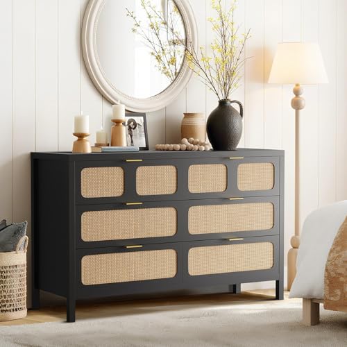 6 Drawer Dresser, Rattan Dresser for Bedroom with Metal Handles, Farmhouse Wood Storage Chest of Drawers for Bedroom, Living Room, Hallway, Entryway, Black