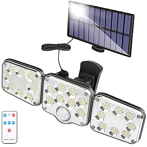 Lumière Solaire Extérieure avec Détecteur de Mouvement 130 LED, Lumière Solaire de Jardin à 1300 Lumen, Lampe Solaire avec Câble de 5m, Projecteur LED Spot Mural avec télécommande, étanche IP65