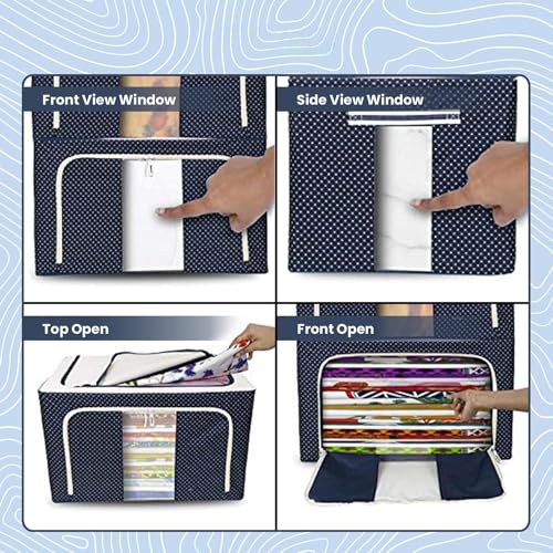 Image of 66 LTR Foldable Steel Frame Cloths Zip Organizer Bag and Oxford Fabric Storage Living Cover Boxes For Wardrobe Shelves Clothes, Sarees, Bed Sheet, Blanket (3-PACK)