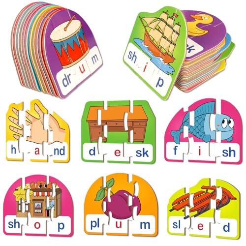 Kasfalci CVCC & CCVC Puzzle Cards for Kids - Word & Phonics Games, Speech Therapy Toys for Toddlers, 4 Alphabet Letter Word Puzzles, Learning Spelling Games
