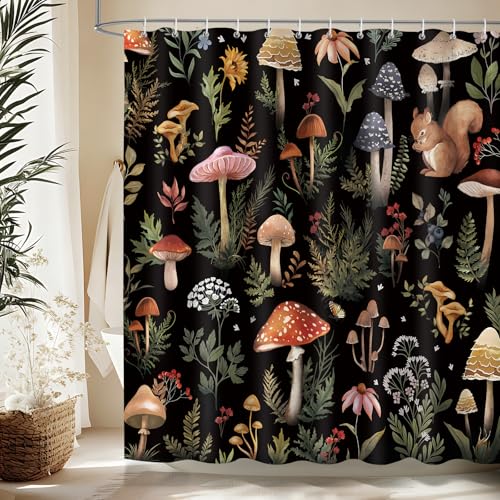 Dazzlewall Black Mushroom Shower Curtain Set Forest Plants Squirrel Bathroom Shower Curtains Vintage Farmhouse Botanical Bathroom Curtains with Hooks 72x72 in