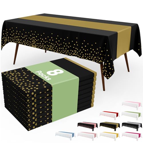 Image of Smiry Plastic Table Cloth Disposable 8 Pack, 54 x 108 Inch Rectangle Waterproof Tablecloth, Printed Gold Table Runner Style for Birthday Weeding, Party Decorations, Leakproof & Sturdy, Black and Gold