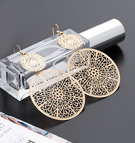 Filigree Disc Drop Earrings Double Round Disc Statement Earrings Metallic Brass Disc Dangle Hook Earrings4