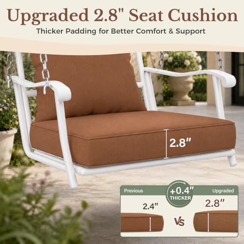 Image of Pamapic Porch Swing with Stand, 350lbs Heavy-Duty Metal Frame Outdoor Swing for Adults with Dual Side Trays, Adjustable Chains, Zippered Removable Cushion for Balcony, Backyard, Garden, White