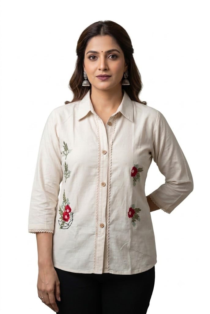 Women's Off White Organic Cotton Embroidered Shirt | Floral Button Down Shirt-image-45