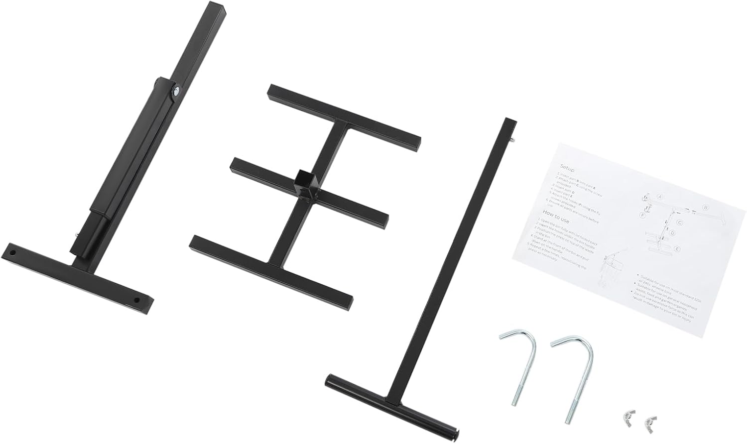 All components of the juckeyroot Manual Trash Compactor laid out, including the handle, vertical support, base frame, two stabilizing hooks, and a small bag of fasteners.