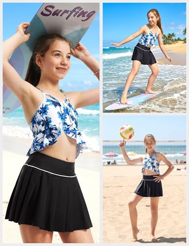 Image of FitsT4 Sports Girls Swim Skirts with Pocket & Shorts UPF 50+ Swimming Bottom Kids Bathing Skort for Surfing Beach Volleyball