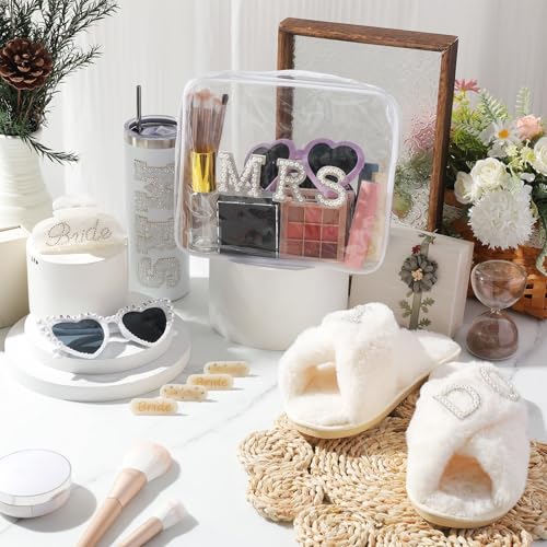 9 Pcs Bride to Be Gifts Set Include 20 oz Stainless Steel Tumbler, I Do Slippers, Makeup Bag, Claw Clip, Heart Sunglasses, 4 Tiny Hair Clip for Wedding Bridal Shower Bachelorette Party(White)4