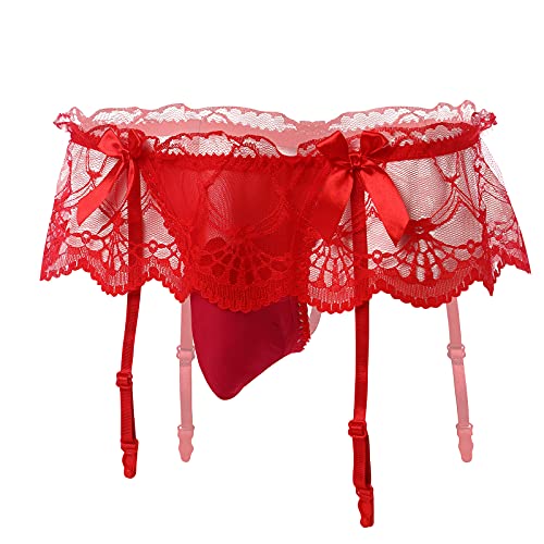 ABAFIP Men's Frilly Skirted Sissy Lace Thongs Panties Low Waist G-string Garter Belt Crossdressing Lingerie Underpants