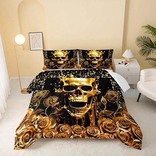 Image of QOOMO Skull Print Kids Bedding Set,Golden Flowers Comforter Set Queen Size for Boys Girls Teen Room Decorat,Soft Lightweight Bed Set All Season,1 Comforter 2 Pillowcases