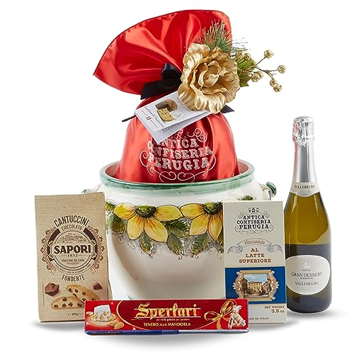 Cesti Natalizi Speciale Italia – Confezione Regalo Alimentare Ceramica Toscana, Cesto in Ceramica con Panettone da 500g, Spumante e Prodotti Dolciari, 6 pezzi (Ceramica Toscana)