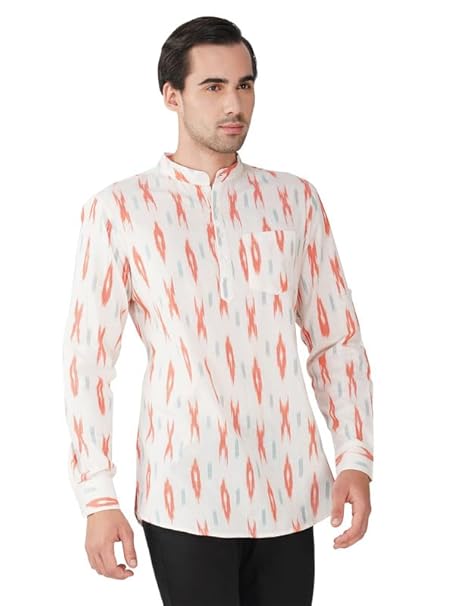 Vastraa Fusion Handloom Pure Cotton Ikat Printed Short Kurta for Men