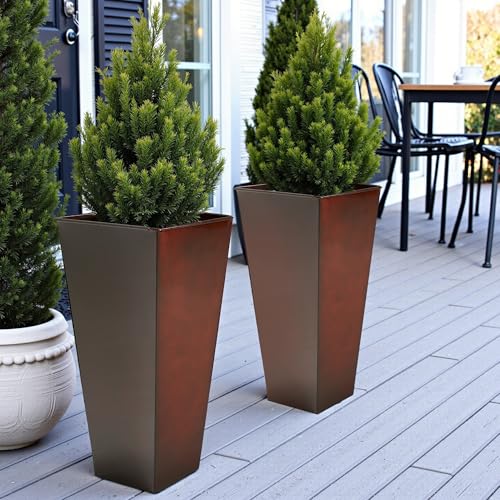 Worth-Garden-Large-Metal-Glazed-Planter-Set-of-2-25-28-Luxurious-Glossy-Finish-Red-Tall-Square-Tapered-Steel-Plant-Pot-Decor-Flower-Pot-Indoor-Outdoor-Drainage-Hole-Dual-Purpose-Saucer Worth Garden Large Metal Glazed Planter Set of 2 25 28 Luxurious Glossy Finish Red Tall Square Tapered Steel Plant Pot Decor Flower Pot Indoor Outdoor Drainage Hole Dual Purpose Saucer
