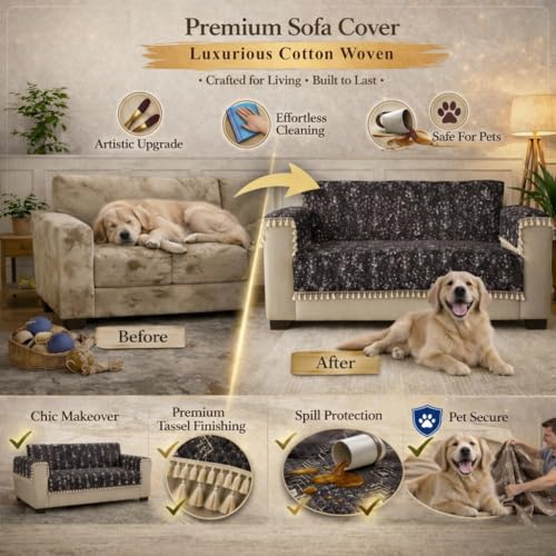 Image of STITCHNEST Woven Fabric Sofa Cover 3 Seater with 2 Hand Rest Covers - Washable Black Sofa Cover with Tassels - Durable Premium Fabric - Stylish Sofa Protector for Living Room & Furniture Decor