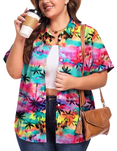Plus Size Women Hawaiian Shirt Soft Cool Summer Hawaii Shirts Floral Tropic Print V Neck Button Down Shirts Beach Tops
