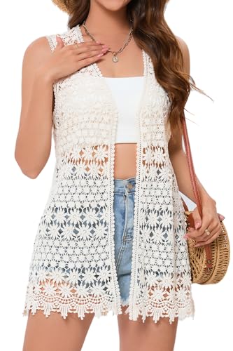 Image of GLEAMISS Women's Crochet Floral Vest Lace Trim Boho Sleeveless Cardigan