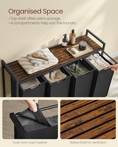 Image of VASAGLE Laundry Hamper, Laundry Basket, Laundry Sorter with 4 Pull-Out and Removable Bags, Shelf, Metal Frame, 4 x 10.6 Gallons (40 L), 45.7 x 13 x 28.4 Inches, Ink Black and Rustic Brown UBLH401B01