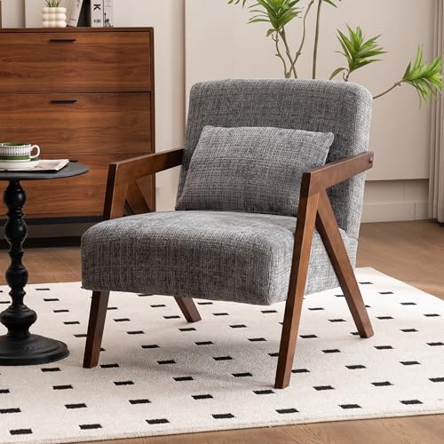 DRKAT Mid-Century Modern Accent Chair with Solid Wood Frame，Upholstered Chenille