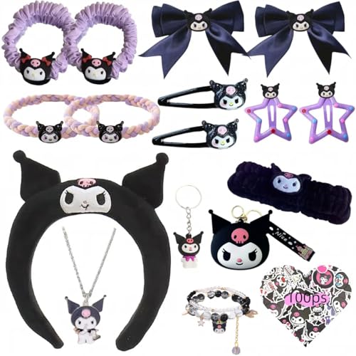 WINBBY 117Pcs Kawaii Cute Stuff Gifts Set Include Headband,Pouch, Hair Band, Hair Ties & Clips, Hairpin, Stickers, Necklace,Bracelet, Keychain(Black)
