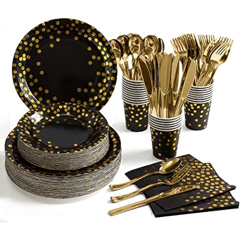 HOMIX 350 Pcs Black and Gold Plates and Napkins Party Supplies, Serves 50 Disposable Paper Plates, Napkins, Cups, Silverwares for Black and Gold Retirement Graduation Party Decorations Cover