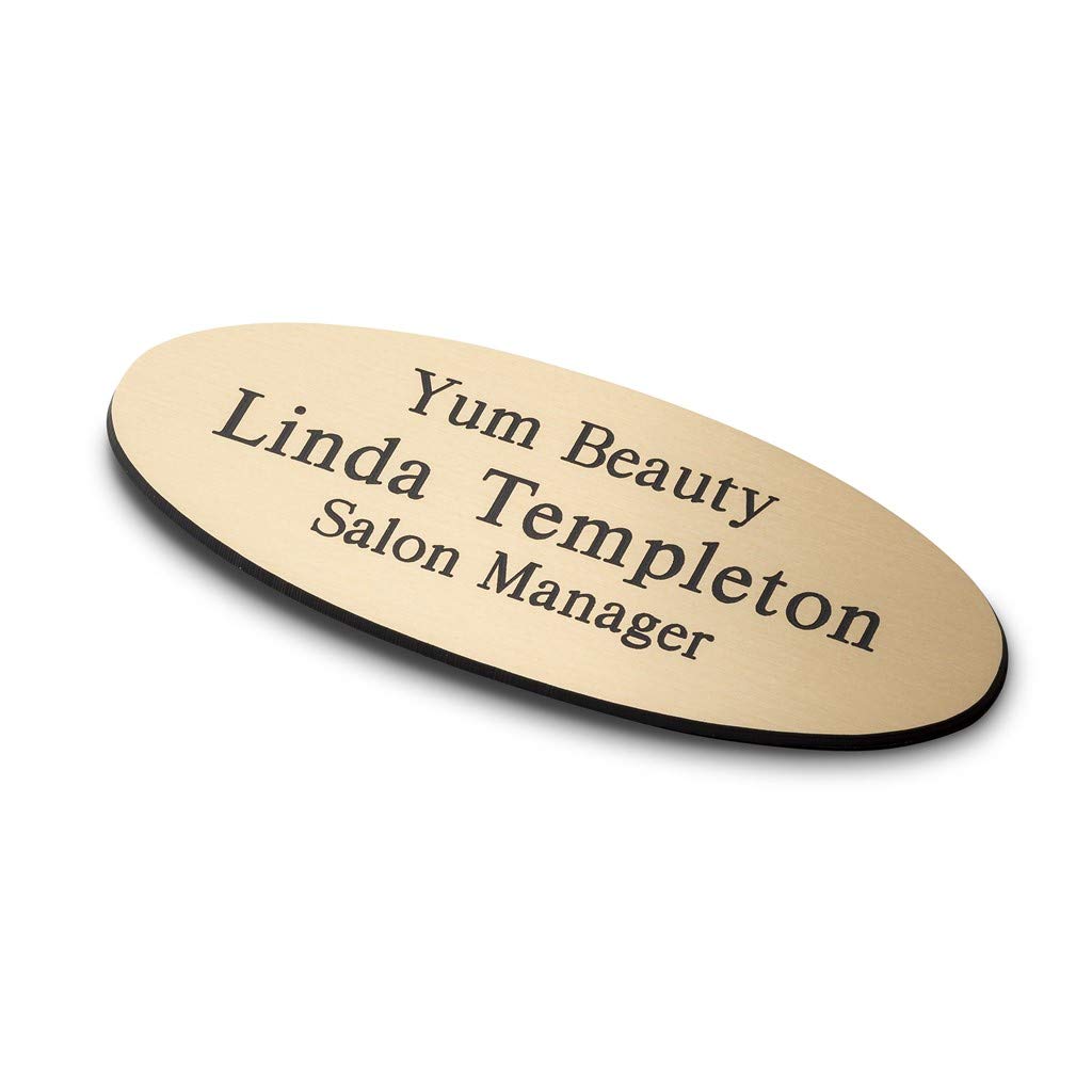 ENGRAVING WORLD Personalised Engraved School Student Office Name Badge Oval Magnetic Gold/Black