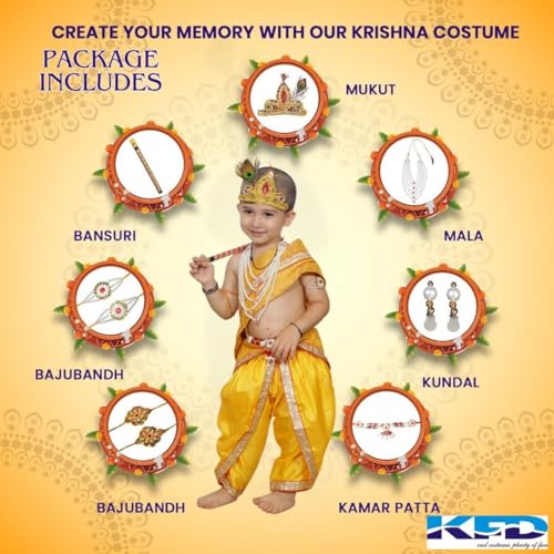 Image of Kaku Fancy Dresses Krishna Costume With Dhoti For Boy /Janmashtami /Bal Gopal Dress /Kanha Costume /Bal Krishna /Mythological Costume For Boy - Yellow-Red, 1-2 Years