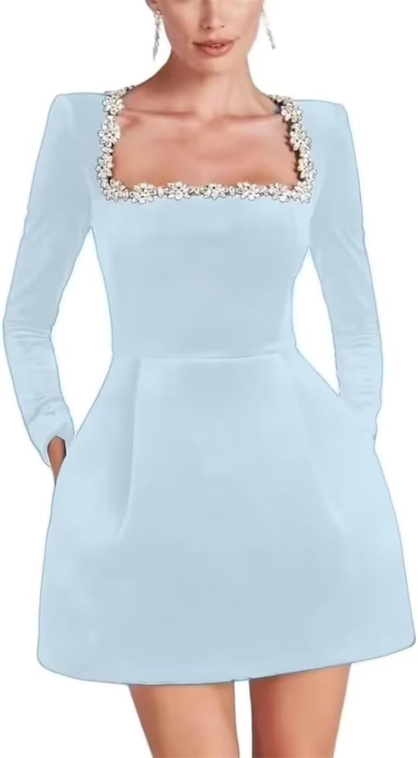 Crystal Square Neck Wedding Dresses for Brides Long Sleeve Velvet Short Bridal Gowns with Pockets