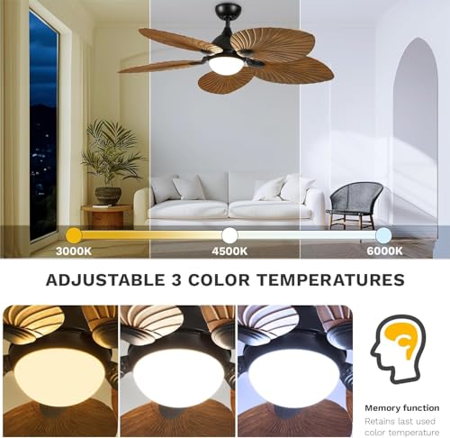 DWVO 52" Indoor Ceiling Fan with Light Kit & Remote - Tropical Palm Leaf Blades, Reversible Quiet DC Motor, 6-Speed Settings for Bedroom, Living Room, Dining Room