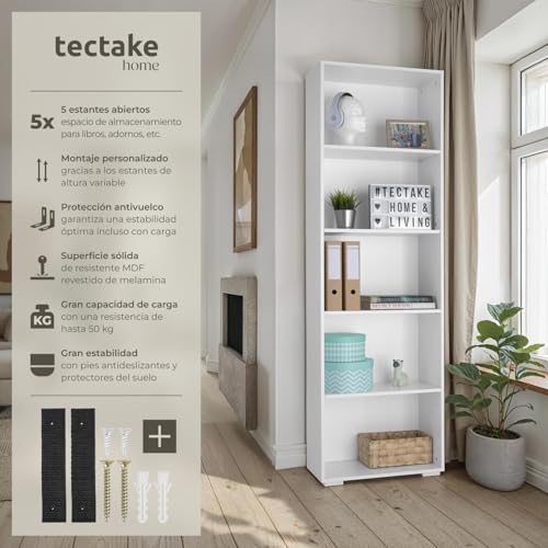 tectake® Estanteria Madera, Libreria Estanteria con 5 Compartimentos, Estanteria Almacenaje para Libros, Estanterias de Madera, Mueble Almacenaje, Estanteria Habitacion - Blanco - imagen 4
