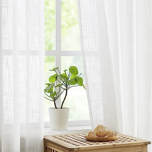 Image of Treatmentex White Sheer Curtains for Living Room 84 inches Long Linen Textured Light Filtering Basic White Semi Sheer Window Curtain Set for Bedroom Office Wrinkle Free 54 inchw 2 Panels Grommet Top