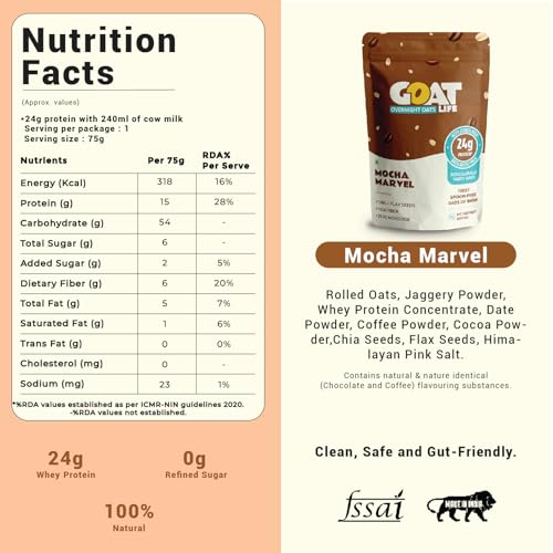 Image of GOAT Life Overnight Oats (75g) | 20g Protein | High Fibre | Nutrient-Rich | No Sugar | Gluten-Free & Vegan | Supports Weight Management & Muscle Recovery | Instant Breakfast (Pack of 1, Mocha Marvel)