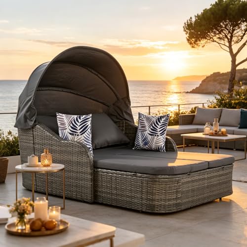 luckdect Chaise Longue Bain de Soleil à 2 Places,Canapé-lit de Jardin Extérieur avec Pare-Soleil en Poly Rotin PE avec Coussin pour Amenagement Balcon...