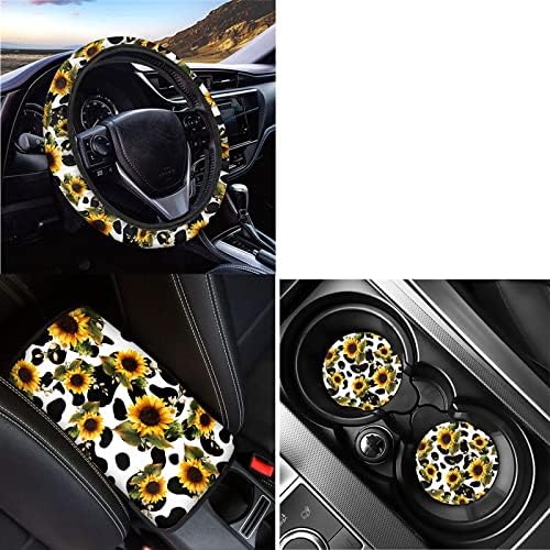 JEOCODY Sunflowers Cow Print Car Steering Wheel Cover + 2 Car Coasters Absorbent Mat + Car Center Console Armrest Cover