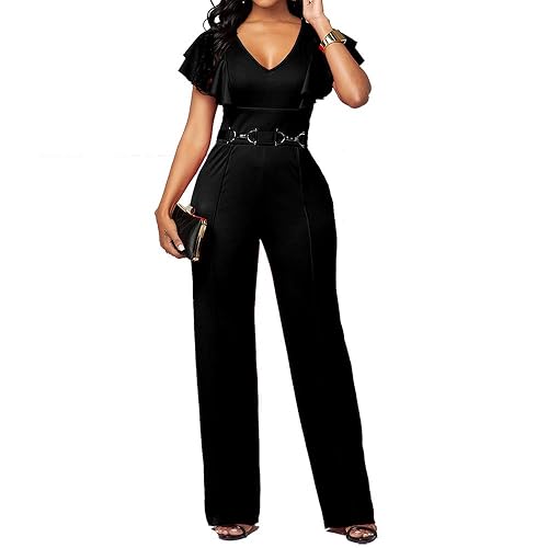 PDBQ Women's V-Neck Jumpsuit High Waist Short Sleeve Ruffled Loose