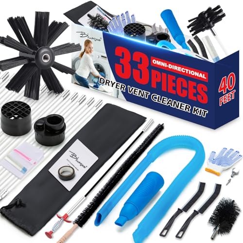 Dryer Vent Cleaner Kit, Bluesea 33-Piece Omnidirectional Dryer Cleaning Kit Include 40 Feet Dryer Vent Brush, Upgrade Noiseless Dryer Lint Vacuum Attachment, Lint Trap Brush, Vacuum & Dryer Adapters