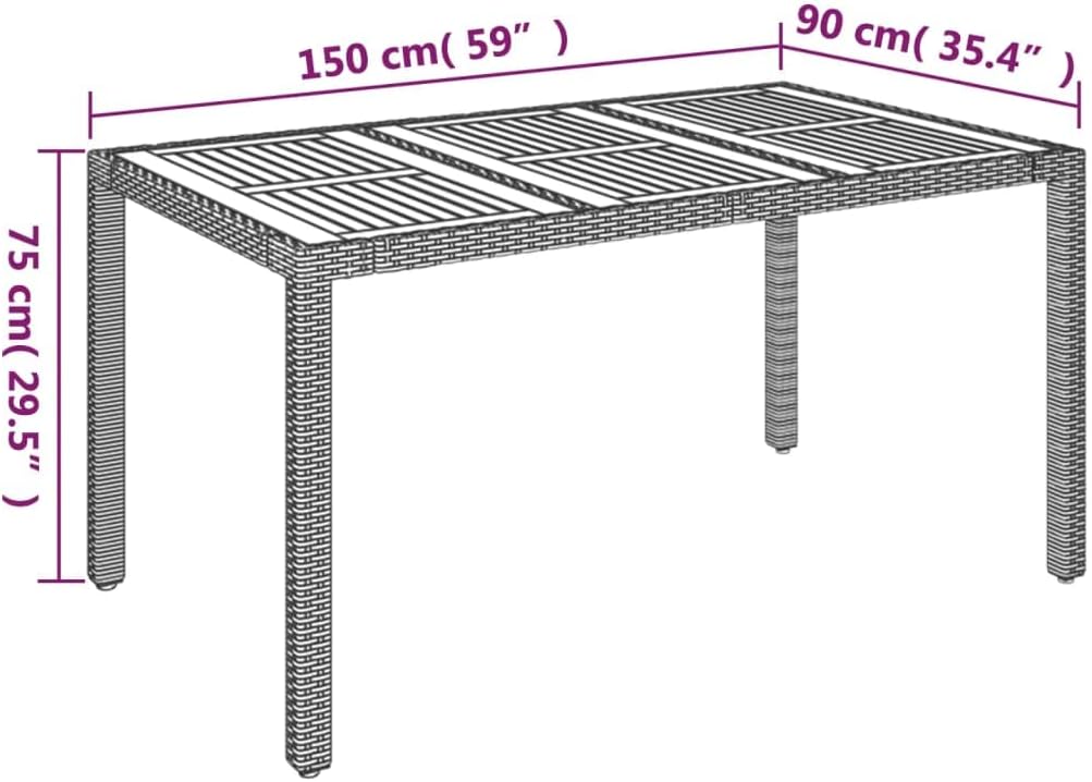 Garden Coffee Table with Wooden Top Grey, Weather-Resistant Poly Rattan and Acacia Wood, 59.1 x 35.4 in Outdoor Patio Furniture, Sturdy Powder-Coated Steel Frame, Seating for Six