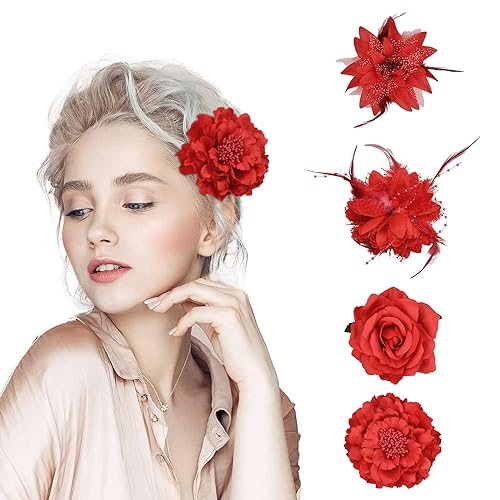 4 Stück Blumen Haarklammer, Blumen Haarschmuck für Frauen und Mädchen Elegante Rot Ansteckblume, Wunderschöne Haarclip Haarspangen für Hochzeit, Party, Abschlussball - Rot