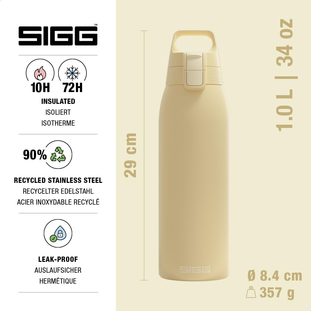 SIGG - Gourde Isotherme 1L - Shield Therm One Opti Yellow - Rando, Fitness, Yoga - Convient Aux Boissons Gazeuses - Étanche - Passe Au Lave Vaisselle - Sans BPA - Acier Inoxydable 90% Recyclé - Jaune
