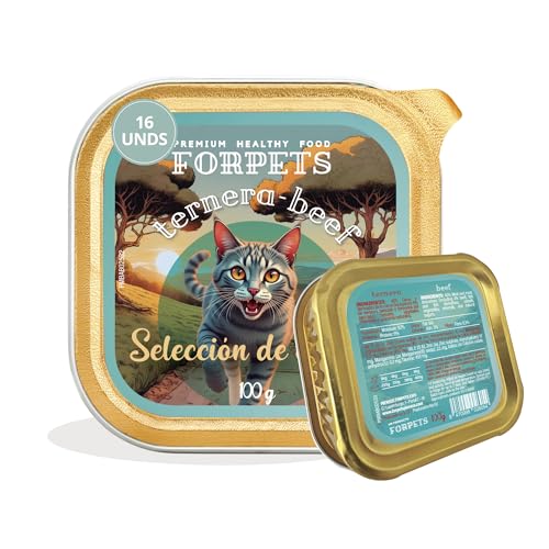 FORPETS Comida Húmeda Gatos Ternera Selección de Campo Pack 16x100g Paté Suave Alto en Proteína con Taurina Alimento Completo Comida Humeda para Gatos Adultos Textura Apetecible Lata Servir