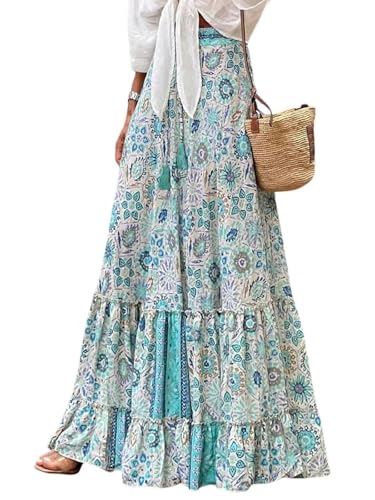 LIAMERHE Jupe Longue Femme d'été Maxi Jupe Bohème Ligne A Taille Haute Élastique Jupes Imprimé Jupe de Plage Jupe de Loisirs Décontractée Chic