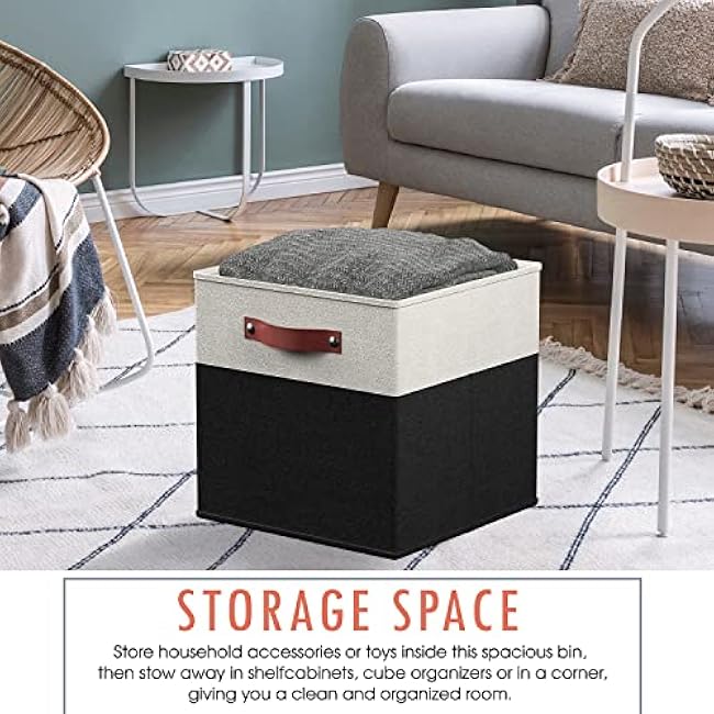 Ornavo Home 13 x 13 Storage Cube Bins, Foldable Collapsible Fabric Storage Bins Box Linen Shelf Basket Cube Organizer for Closet with Leather Handles, 6 Pack, White/Black