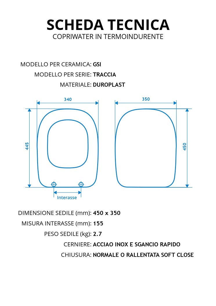 Copriwater per G.S.I. TRACCIA come ORIGINALE TERMOINDURENTE BIANCO cerniera inox normale o rallentata soft close