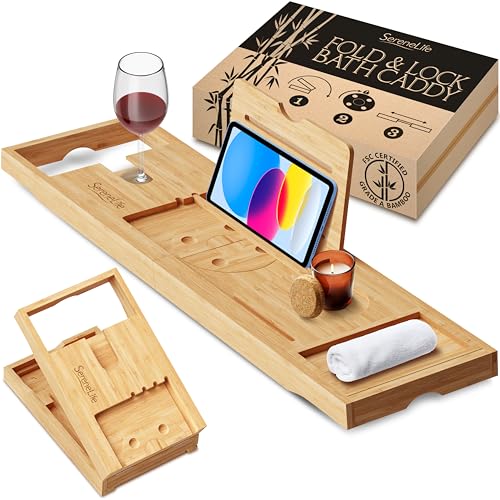 SereneLife Portaoggetti Bagno in Bambù con Design Pieghevole e Bloccabile, Espandibile da 76...