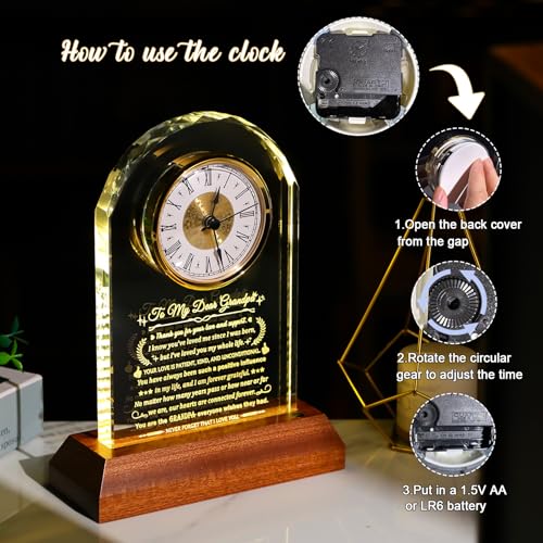 Image of Arikyrist Gifts for Grandpa from Granddaughter Grandson Glass Clock Grandpa Birthday Gift with Wooden Light Base, Presents for Best Grandfather from Grandchild Christmas Keepsakes for Him Table Decor